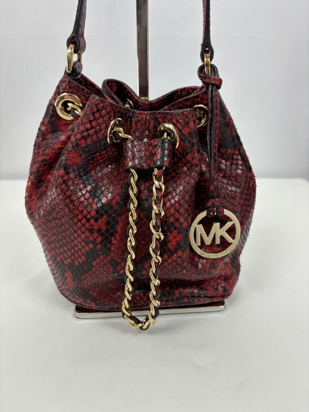 Michael Kors Frankie Crossbody Bag Red Black Snakeskin Print Small Pouch Bucket